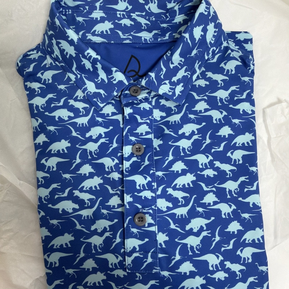 Deolax Polo Shirt Mens Large Light Blue Golf Dinosaur Print Performance Stretch